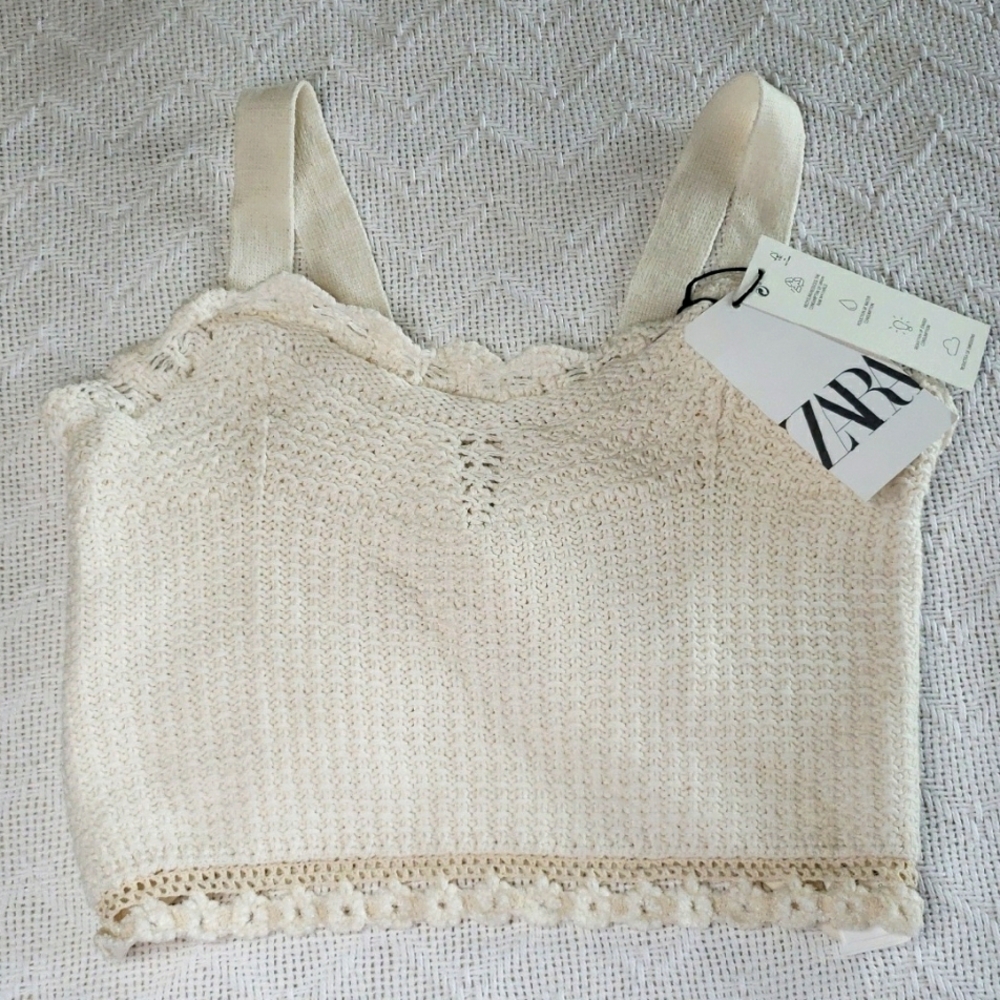 NEW Zara Girls 10 Ivory/Cream Cotton Crochet Cropped Tank Top
